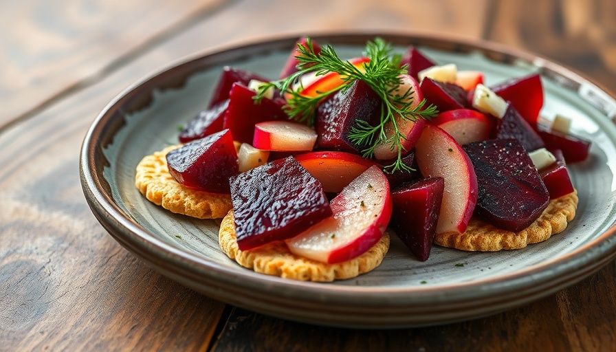 Herring Beet Apple Salad on Rye Crisps with dill garnish