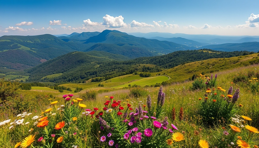 Scenic view of Roan Mountain State Park Tennessee with lush green hills.