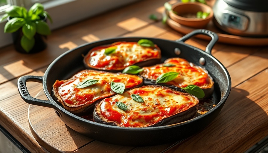 Skillet Cannellini Bean Eggplant Parmesan with melted cheese and basil, on a wooden table.