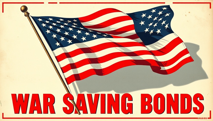 Vintage savings bonds propaganda poster with U.S. flag and bold text.