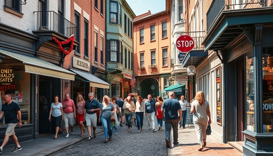 Historic downtown street scene in Fredericksburg Virginia, vibrant day trip.