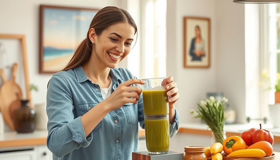 Smiling woman pouring smoothie in kitchen, Nutritionist Smoothie Formula.