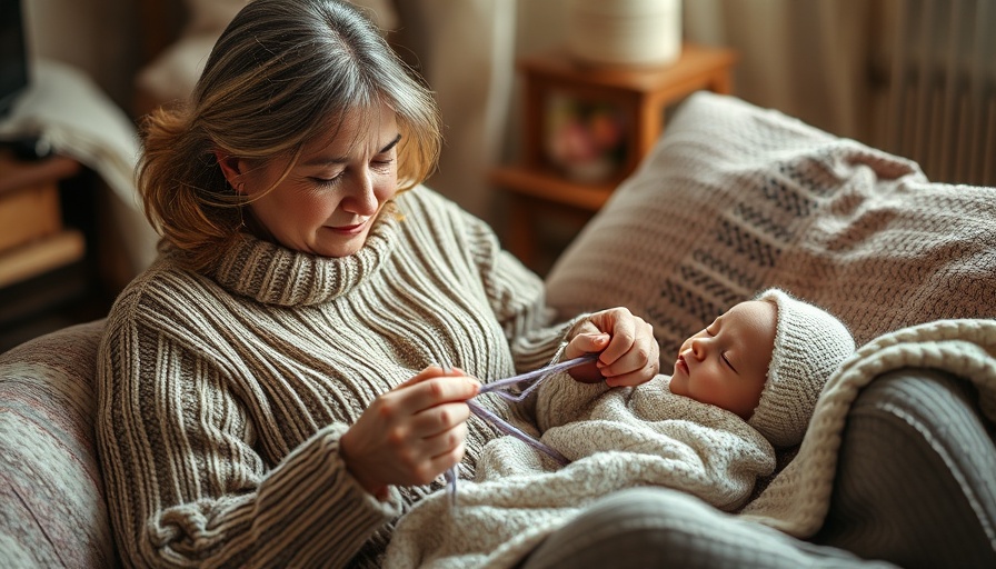 Woman knitting beside a baby using sustainable local textiles.