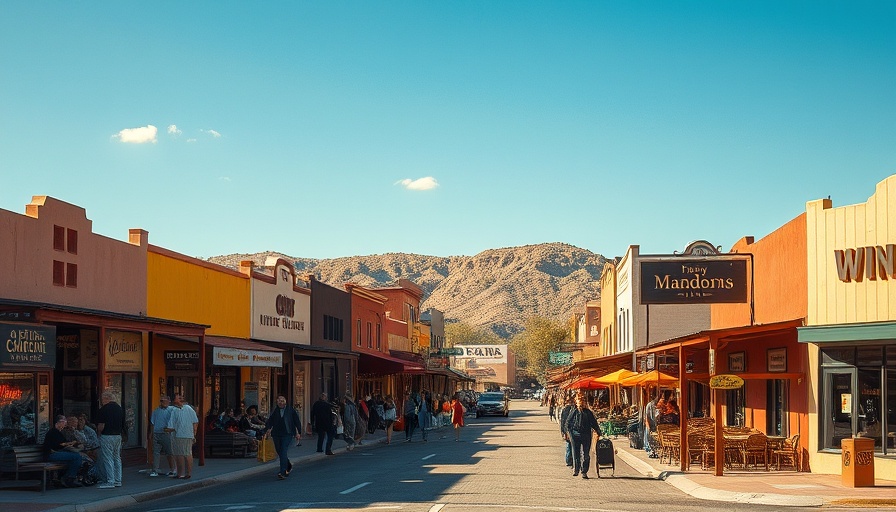 Vibrant scene of Madrid, New Mexico's colorful Main Street with visitors.