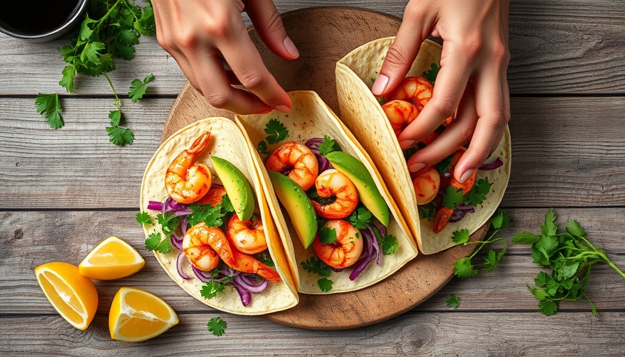 Vibrant shrimp taco spread for outdoor dinner party menu ideas.