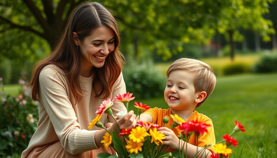 Mother and son in garden picking flowers, embracing nature, ideal for Mother's Day gift ideas.