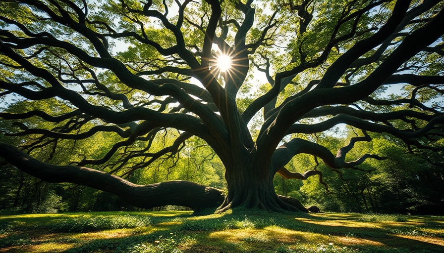 Majestic tree in lush forest, sunlight filtering through, promoting tree planting for health.