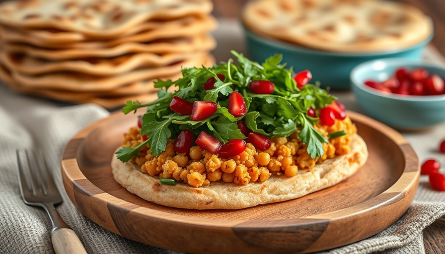 Chickpea flatbread sandwich with arugula and pomegranate.