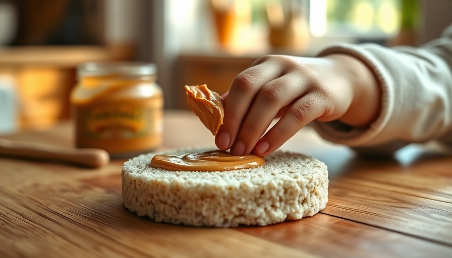 Child spreading peanut butter on rice cake, peanut allergy context.