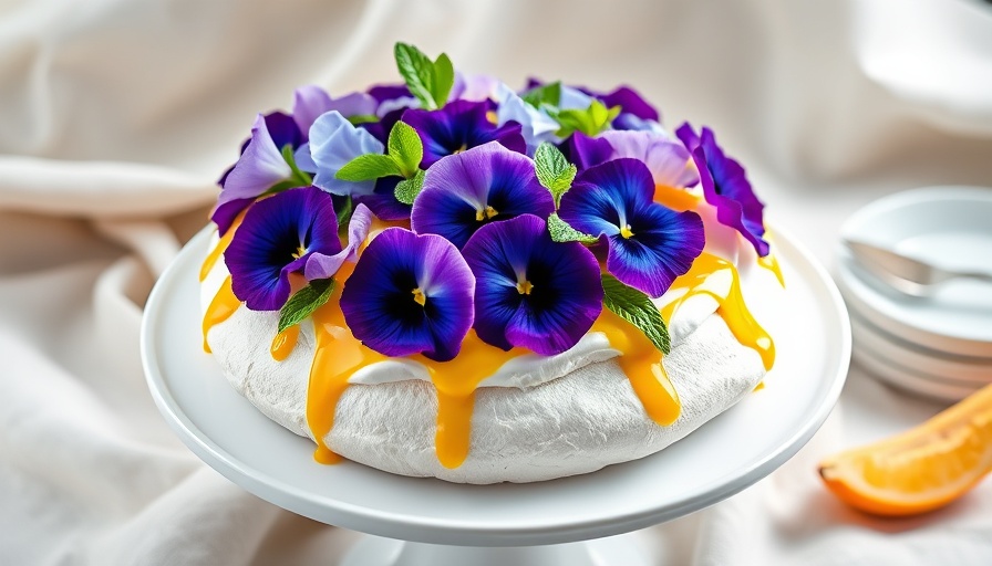 Floral aquafaba pavlova with mango and mint