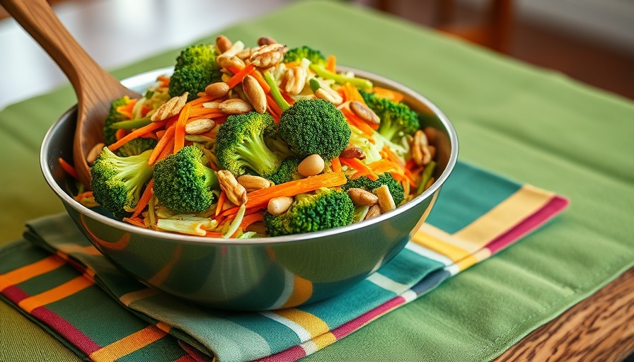 Broccoli and carrot slaw with miso dressing in a metal bowl.