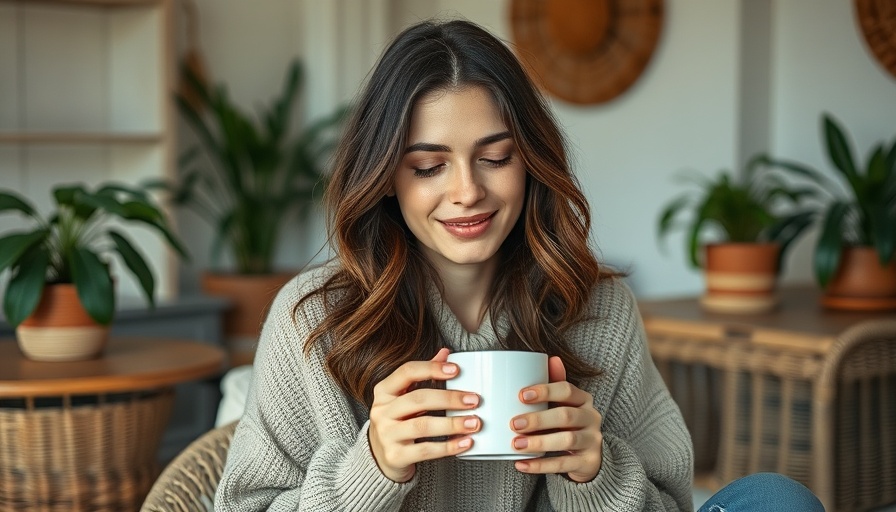 Cozy woman indoors with coffee cup, relaxing in a warm setting.