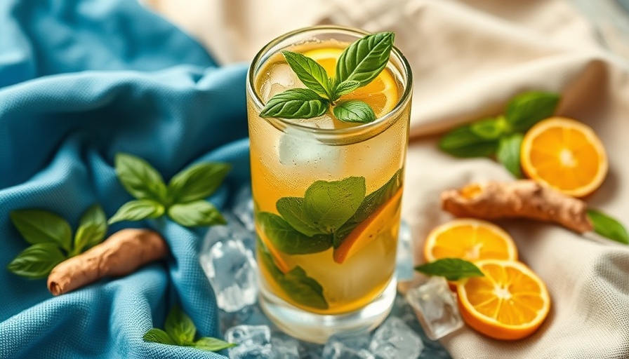 Refreshing Basil Ginger Green Tea Turmeric Cooler on fabric.