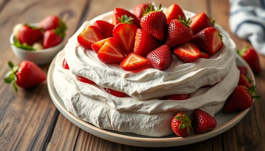 Strawberries and Cream Pavlova being served on a wooden table.