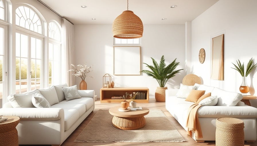 Light-filled cozy minimalist living room with white sofas and woven decor.