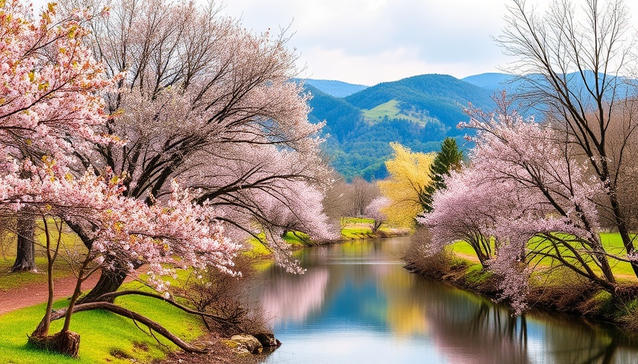 Spring landscape of Pearisburg Virginia with blooming trees and river.