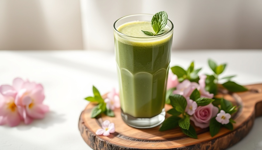 Mint matcha smoothie in glass with mint garnish on wooden board.