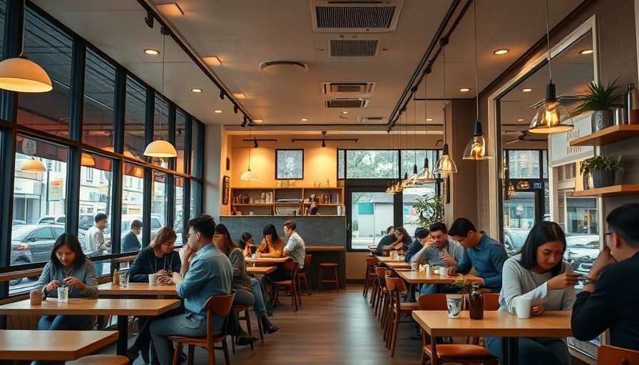 Modern cozy cafe in Alabama, warm ambiance with people.