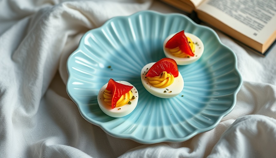 Artistic Romesco Devilled Eggs on a blue plate with a book underneath.