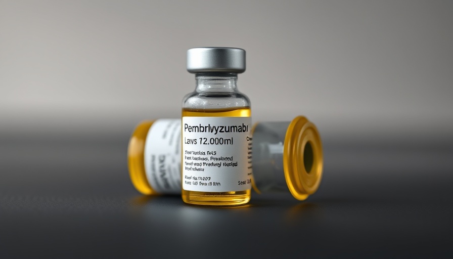 Pembrolizumab vial for HNSCC on a dark surface, close-up.