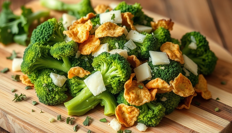 Broccoli Caesar Salad Recipe with garlic chips and parmesan cheese.