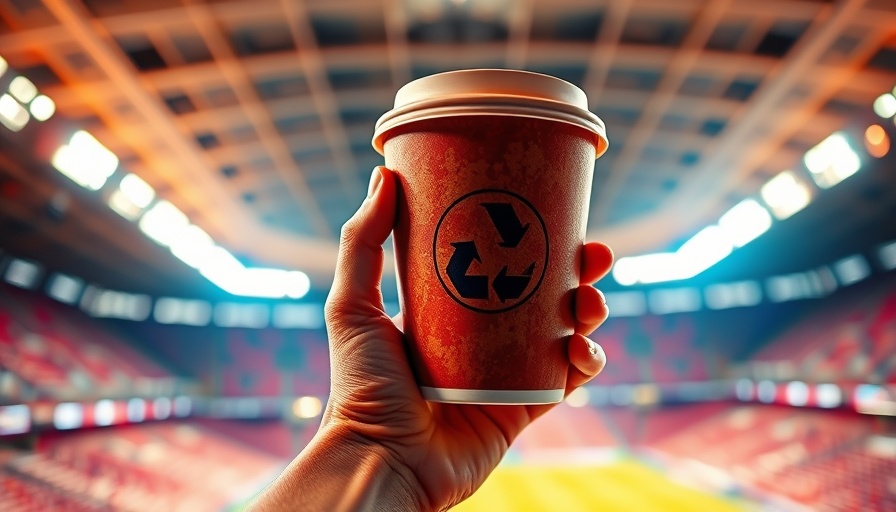 Reusable cup held at stadium, promoting eco-friendly alternatives.