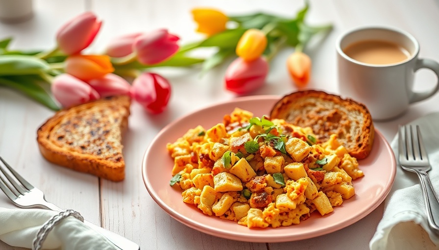 Spicy tofu scramble recipe with toast and coffee.