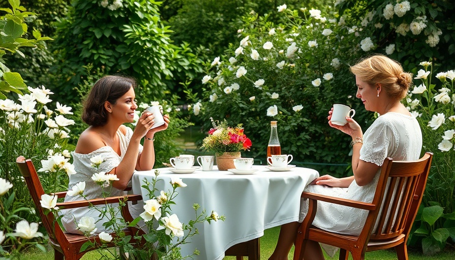 Backyard garden party with women enjoying tea for Mother's Day.