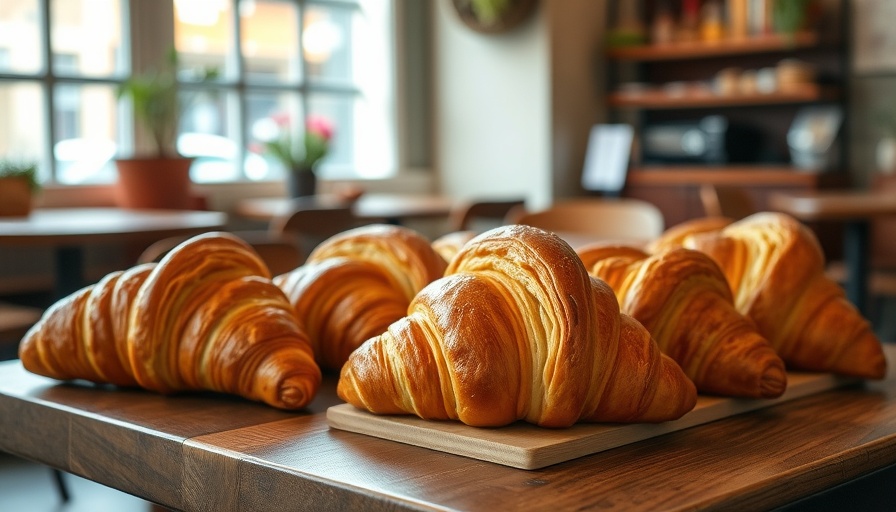Golden croissants at Café Vendôme, Atlanta, on rustic table.