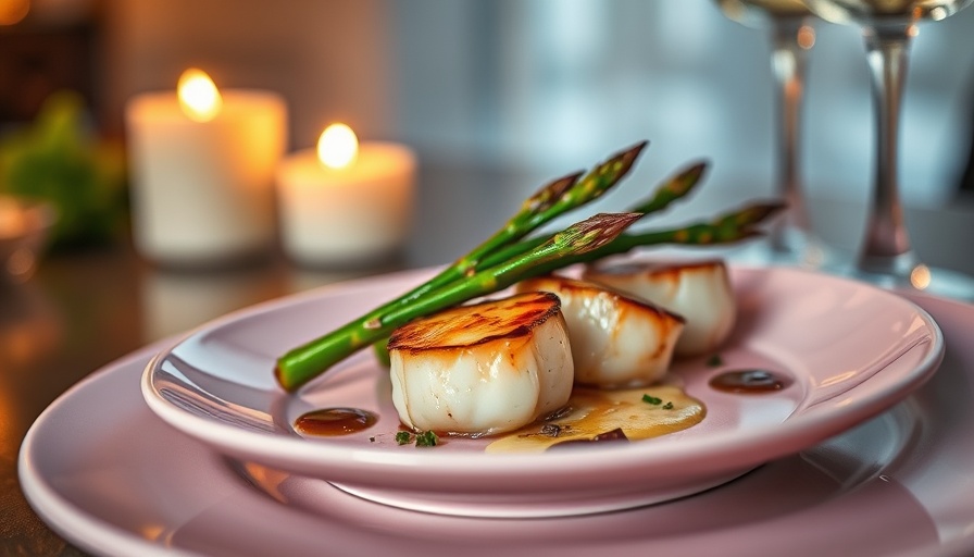 Seared Scallops with Soy and Ginger Marinated Grilled Asparagus on a pink plate.