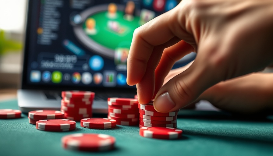 Close-up of a hand with poker chips on laptop for Gambling Law Review.