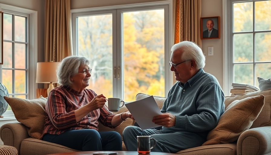 Mature couple in cozy New Hampshire home discussing paperwork