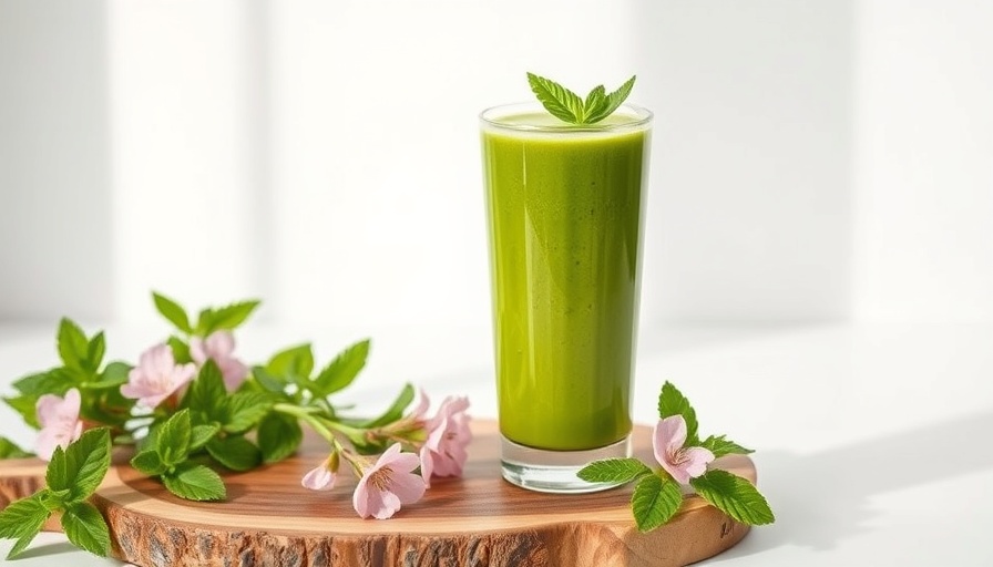 Mindful Mother's Day green smoothie with mint on wooden board.