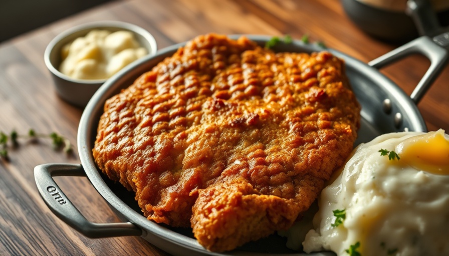 Silver Skillet Country Fried Steak served on a rustic kitchen table.