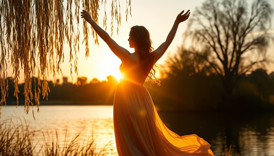 Woman enjoying sunset by a lake, symbolizing women's energy management.