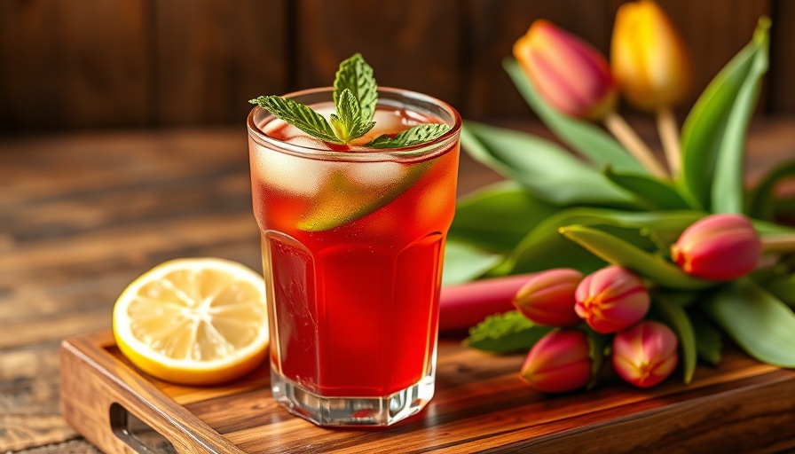 Rhubarb Iced Green Tea with mint and lemon on a wooden tray.