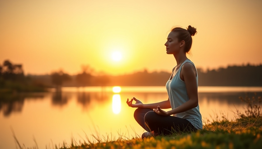 Serene meditation scene at lakeside sunrise, peaceful atmosphere.
