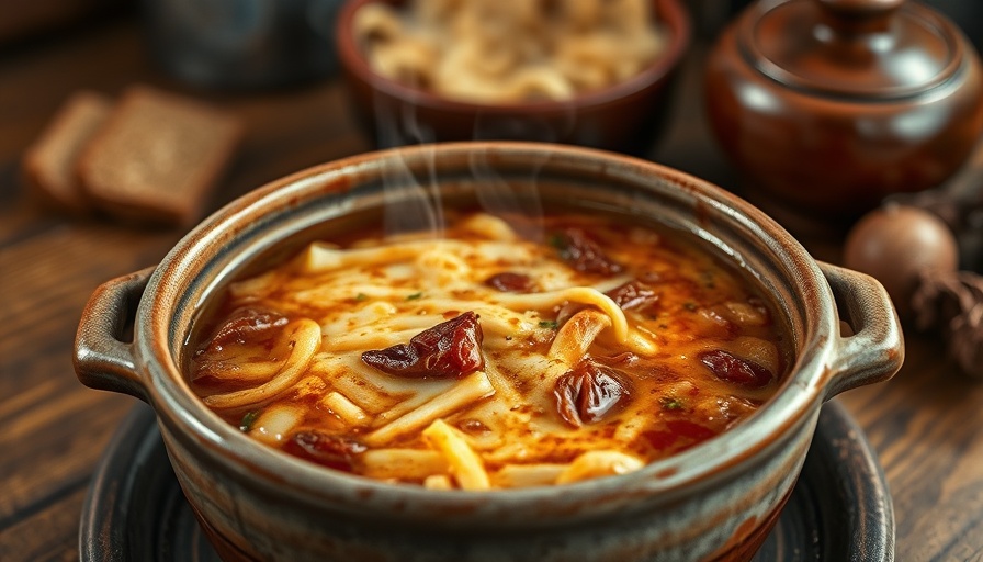 Savory French onion soup in rustic bowl, Georgia cuisine.