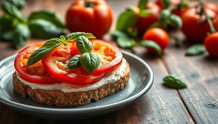 Open-faced tomato sandwich with basil on gray plate, rustic setting.