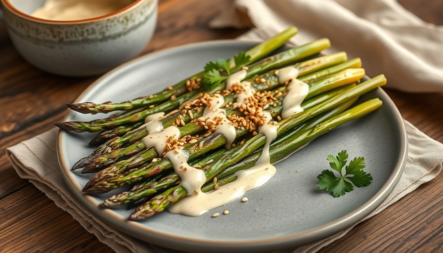 Charred Asparagus with Garlic Tahini Salad on a grey plate.