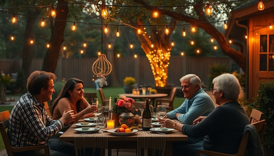Outdoor summer party ideas with friends dining under string lights.