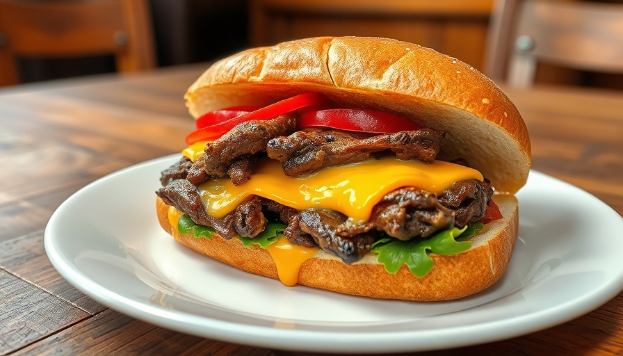 Tasty cheesesteak sandwich with fresh ingredients on a rustic table.