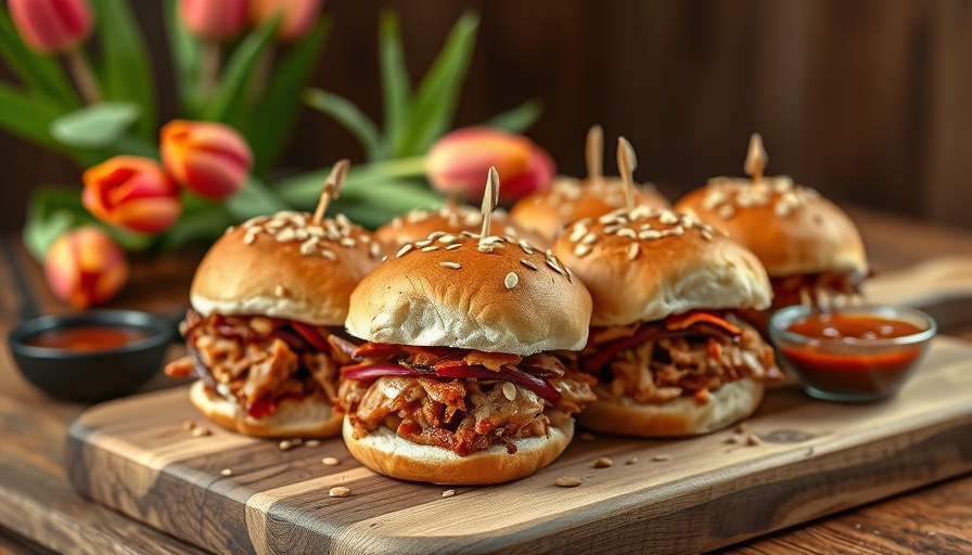 Rhubarb BBQ Pulled Chicken Sliders with sauce and tulips.