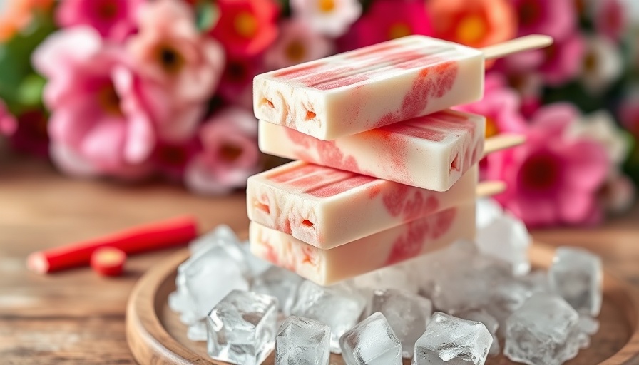 Honey Rhubarb Yogurt Ice Pops delicately placed on ice.