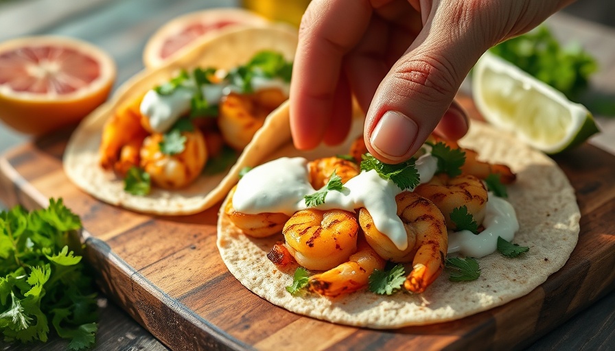 Easy outdoor grill recipes: Preparing shrimp tacos with fresh toppings.