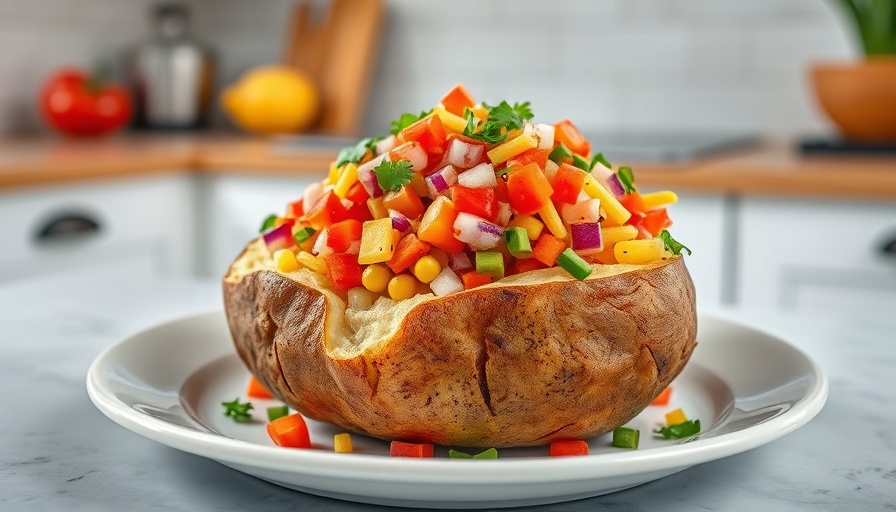 Vibrant loaded baked potato bowl with colorful toppings on a plate.