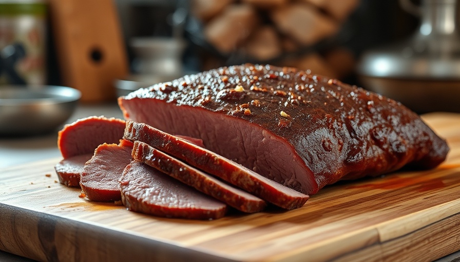 Juicy beef brisket freshly sliced in a rustic kitchen with steam rising.