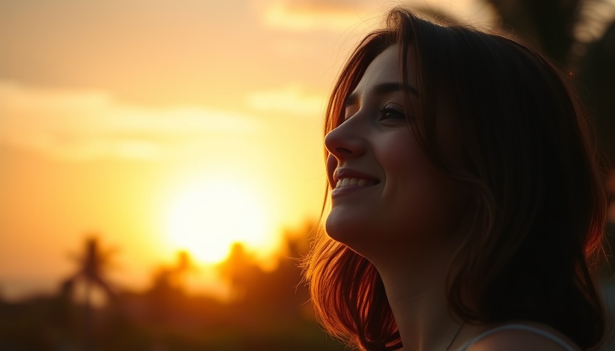 Serene woman enjoying sunset with post-sun skin care vibe.