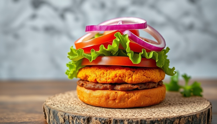 Curried Sweet Potato Burger with fresh toppings on a rustic board.