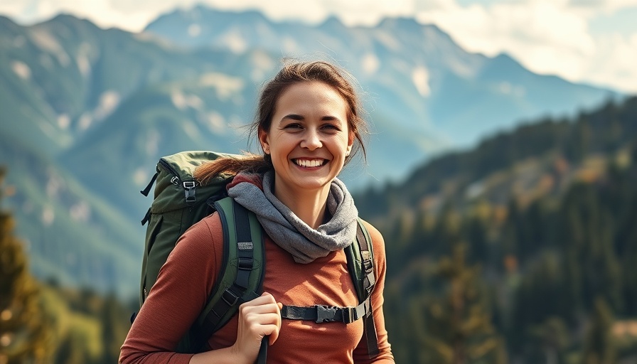 Woman enjoying outdoor adventure with mountain backdrop.